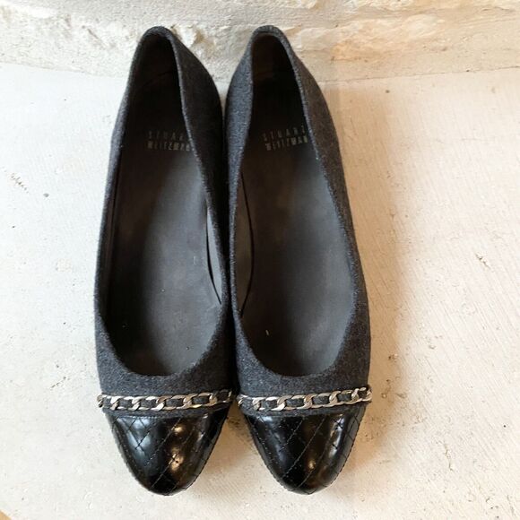 STUART WEITZMAN Ballet Flat Womens 7.5M Legacy Wool Shoes Gray Black Cap Toe - Picture 6 of 6